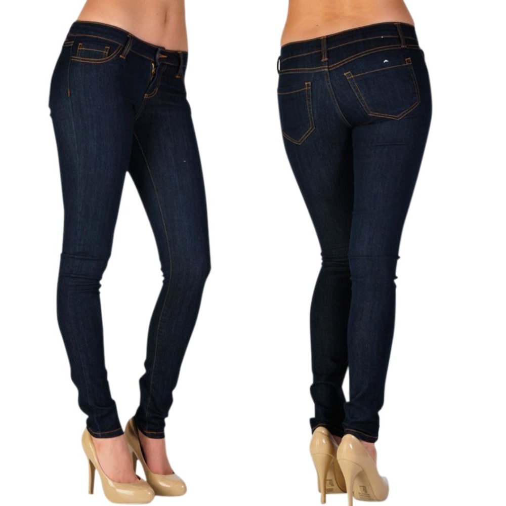 Dark indigo denim 5 pocket mid rise skinny jeans